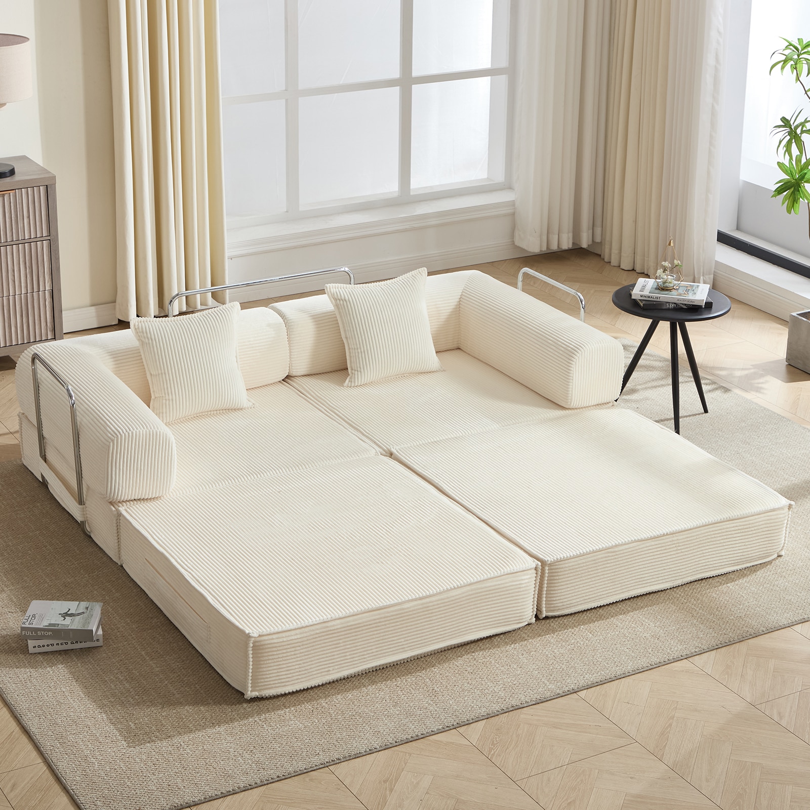 Convertible Sleeper Sofa Bed In Beige With Corduroy Fabric_voghion.com